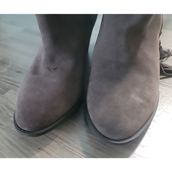 Vionic Womens Ankle Boot Sz 8.5 Suede Taupe Gray Leather Fringe Zip Block Heel - Picture 13 of 16